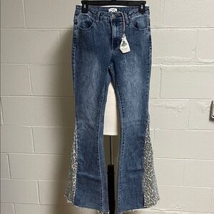 Easel Blue Flare Jeans with Patterned Insets